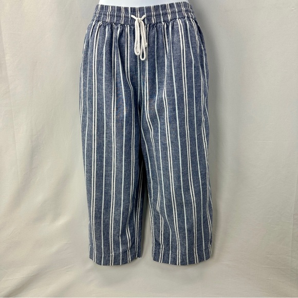 Beach Lunch Lounge Linen Striped Blue and White Pants Size M - Picture 2 of 6